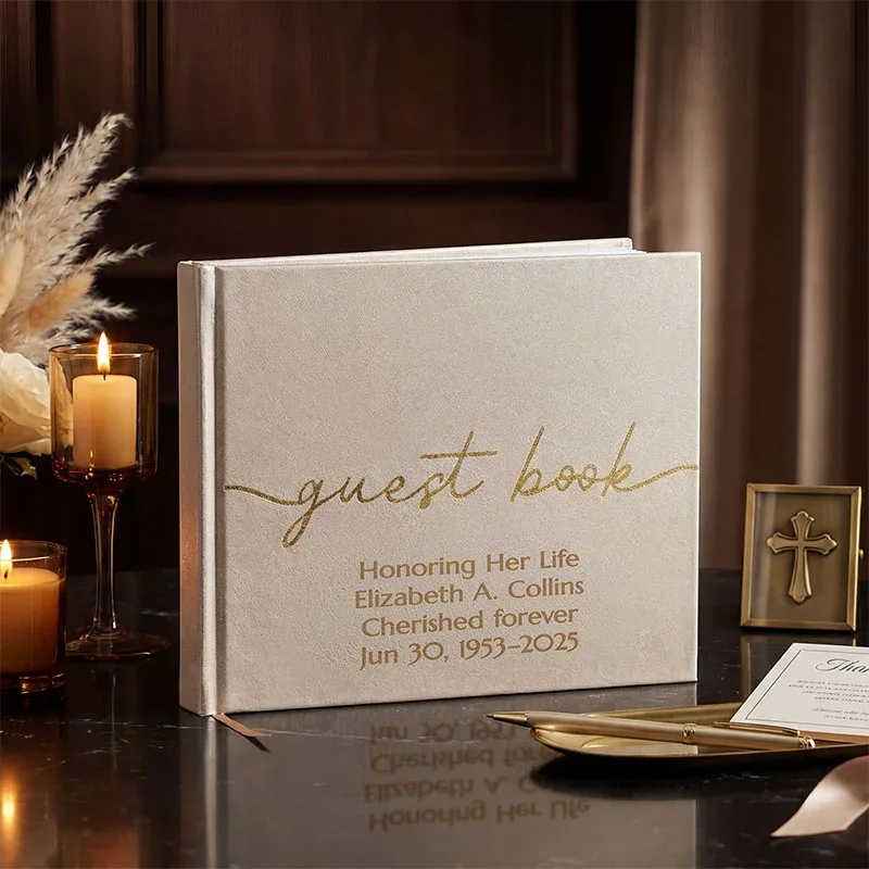 Neutral vegan leather guest book with a smooth textured cover featuring gold script text “guest book” and customizable lines “Custom Text Here Optional Custom Text Here Optional Custom Text Here Optional Custom Text Here.” This all occasion guestbook is s