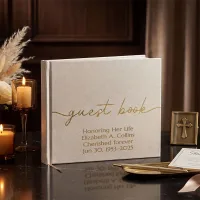 Neutral vegan leather guest book with a smooth textured cover featuring gold script text “guest book” and customizable lines “Custom Text Here Optional Custom Text Here Optional Custom Text Here Optional Custom Text Here.” This all occasion guestbook is s