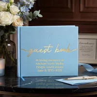 Light blue vegan leather guest book with a smooth textured cover featuring gold script text “guest book” and customizable lines “Custom Text Here Optional Custom Text Here Optional Custom Text Here Optional Custom Text Here.” This all occasion guestbook i