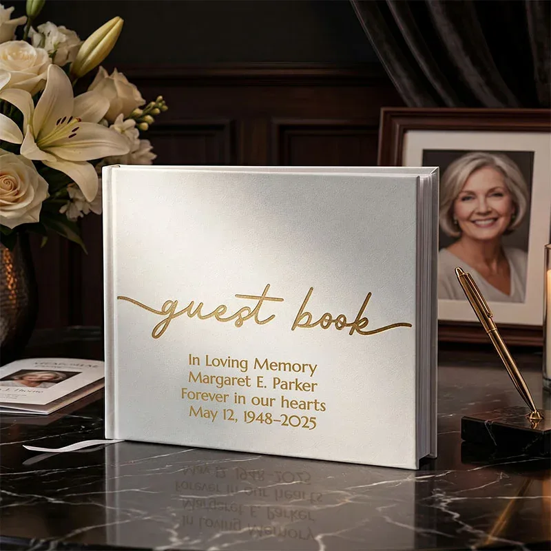 eutral toned vegan leather guest book with gold script text “guest book” and custom lines reading “Gem & John Mitchells Wedding Day February 14, 2026 Two Hearts, One Love.” Overlay text shows “UP TO 4-Line CUSTOM TEXT,” “9” by 7” size,” and “Make It Perso