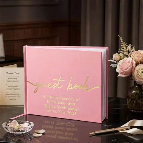 Pink vegan leather guest book with a smooth textured cover featuring gold script text “guest book” and customizable lines “Custom Text Here Optional Custom Text Here Optional Custom Text Here Optional Custom Text Here.” This all occasion guestbook include