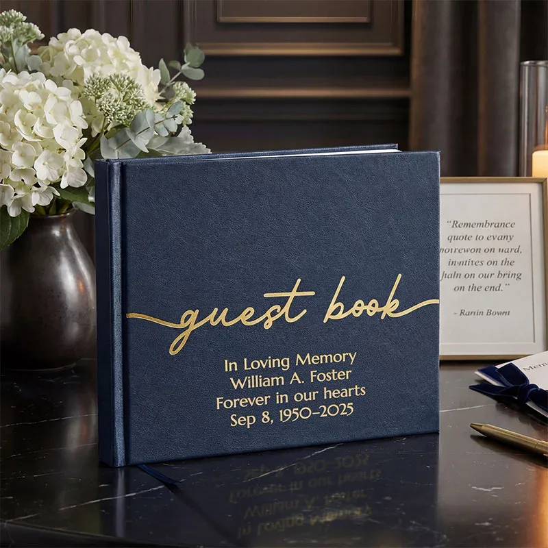 Navy blue vegan leather guest book with a smooth textured cover featuring gold script text “guest book” and customizable lines “Custom Text Here Optional Custom Text Here Optional Custom Text Here Optional Custom Text Here.” This all occasion guestbook in