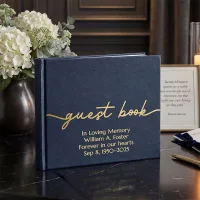Navy blue vegan leather guest book with a smooth textured cover featuring gold script text “guest book” and customizable lines “Custom Text Here Optional Custom Text Here Optional Custom Text Here Optional Custom Text Here.” This all occasion guestbook in