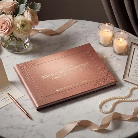 Personalized funeral guestbook in elegant rose gold cover with gold embossing, displayed on a memorial table with candles, flowers, and a framed portrait—perfect for honoring a loved one’s memory.