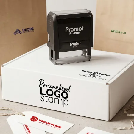 Custom logo stamp on branded packaging box with personalized business logos printed on paper bags and tags, showcasing a professional Trodat self-inking stamp for small business branding.