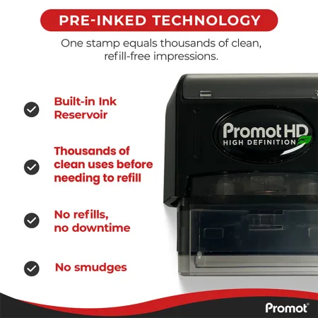 Pre inked stamps PromotHD Reminder Past Due stamp with built in ink reservoir, delivering thousands of clean impressions with no smudges and no downtime for efficient business use