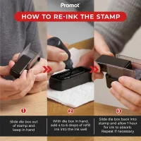 Pre inked stamps PromotHD re inking process showing step by step refill method with ink drops and cartridge insertion for continued clean impressions and long lasting us