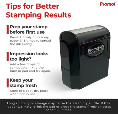 Pre inked stamps PromotHD care tips showing how to prep, re ink and store stamp for better stamping results, ensuring clean impressions and long lasting performance