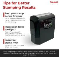 Pre inked stamps PromotHD care tips showing how to prep, re ink and store stamp for better stamping results, ensuring clean impressions and long lasting performance