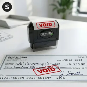 Pre inked stamps showing a Promot “VOID” stamp on a check, delivering bold and clear impressions for business documents, invoices, and payments.