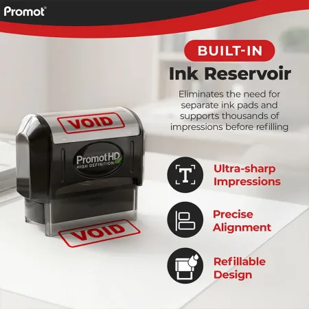 Pre inked stamps with advanced pre-inked technology, featuring a built-in ink reservoir for thousands of clean, smudge-free impressions with no downtime or frequent refills.