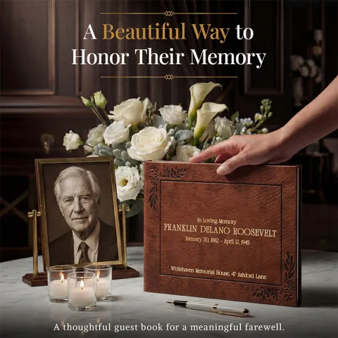 Personalized Funeral guest book displayed on a memorial table with a framed photo, white flowers, and candles, featuring a leather-bound cover engraved with “In Loving Memory” for a meaningful farewell tribute.