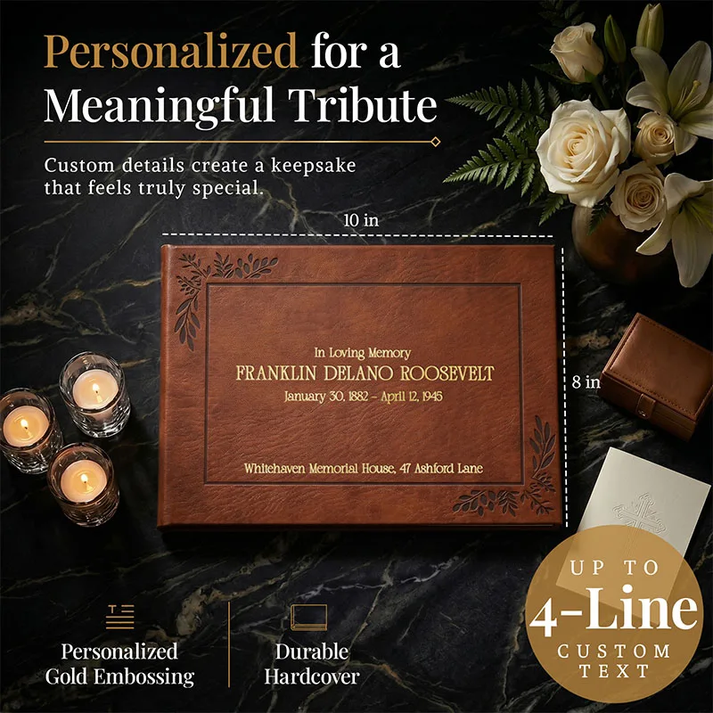 Personalized Funeral guest book with gold embossed “In Loving Memory” text on a brown leather hardcover, displayed with candles and flowers, showing custom details and 10x8 inch size for a meaningful tribute keepsake.