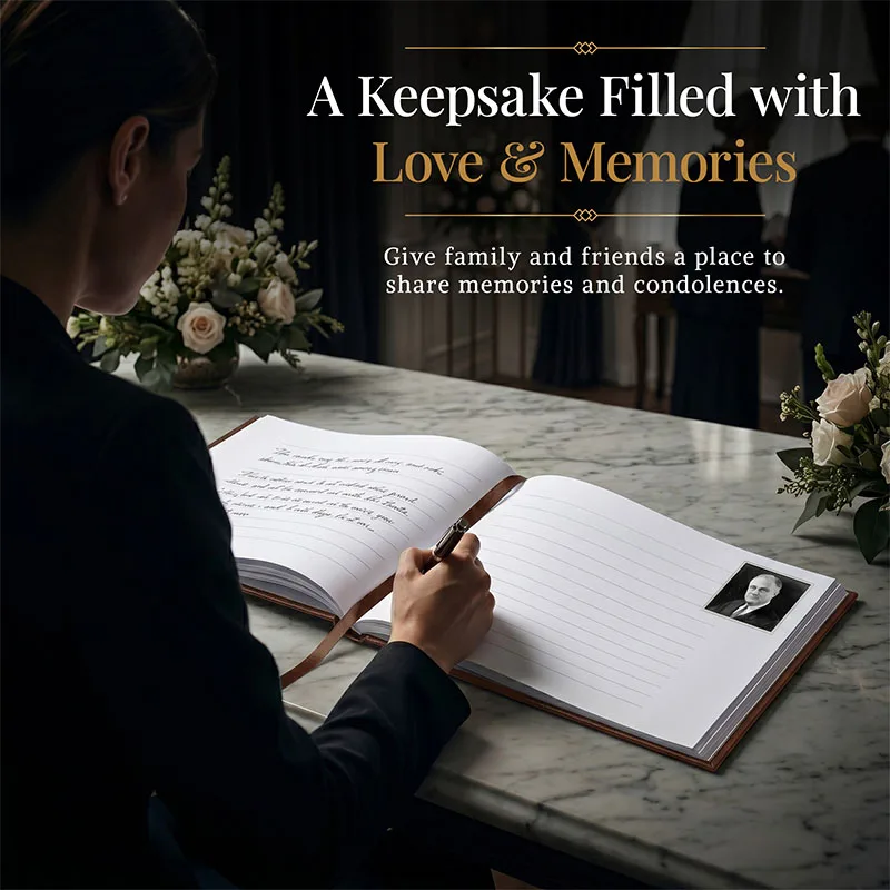 Personalized Funeral guest book open on a table as a person writes a heartfelt message, featuring lined pages for condolences and memories, creating a meaningful keepsake for honoring a loved one.