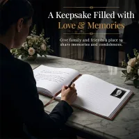 Personalized Funeral guest book open on a table as a person writes a heartfelt message, featuring lined pages for condolences and memories, creating a meaningful keepsake for honoring a loved one.