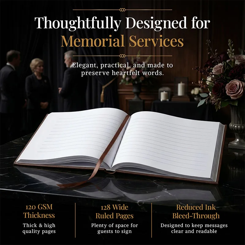 Personalized Funeral guest book open on a memorial table with elegant floral arrangements, featuring wide ruled pages, thick 120 GSM paper, and a durable design for collecting heartfelt messages during memorial services.