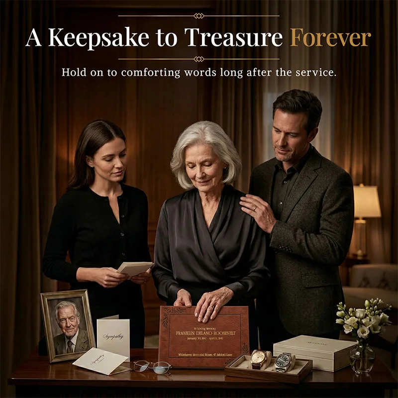 Personalized Funeral guest book held by a family during a memorial, surrounded by sympathy cards and a framed photo, creating a meaningful keepsake to cherish memories and heartfelt messages forever.