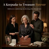 Personalized Funeral guest book held by a family during a memorial, surrounded by sympathy cards and a framed photo, creating a meaningful keepsake to cherish memories and heartfelt messages forever.