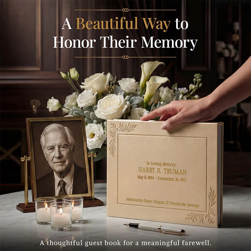 Personalized Funeral guest book in champagne gold with embossed “In Loving Memory” text, displayed beside candles, flowers, and a framed photo, creating a beautiful and meaningful tribute for honoring a loved one.