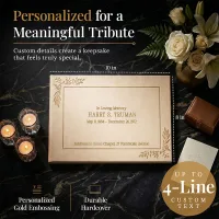 Personalized Funeral guest book in champagne gold with gold embossed “In Loving Memory” text, shown with candles and flowers, featuring custom details and 10x8 inch size for a meaningful tribute keepsake.