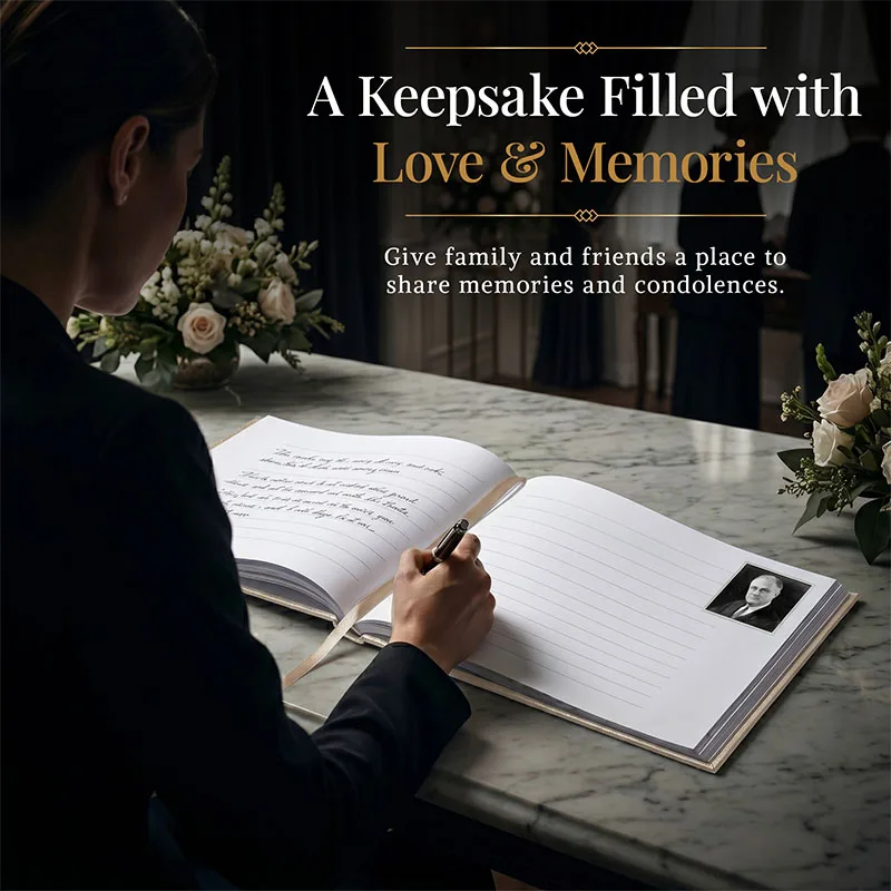 Personalized Funeral guest book open on a table as a person writes a heartfelt message, featuring lined pages for condolences and memories, creating a meaningful keepsake to honor a loved one.