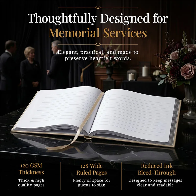 Personalized Funeral guest book open on a memorial table with elegant floral arrangements, featuring wide ruled pages, thick 120 GSM paper, and a durable design for preserving heartfelt messages during memorial services.