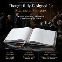Personalized Funeral guest book open on a memorial table with elegant floral arrangements, featuring wide ruled pages, thick 120 GSM paper, and a durable design for preserving heartfelt messages during memorial services.