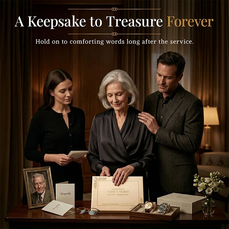 Personalized Funeral guest book in champagne gold held by a family during a memorial, surrounded by sympathy cards and a framed photo, creating a meaningful keepsake to cherish heartfelt memories and messages forever.