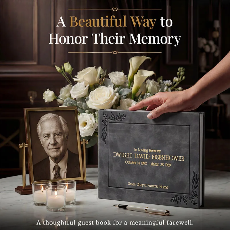 Personalized funeral guestbook displayed on a memorial table with white flowers, candles, and a framed portrait, featuring an elegant gray cover with gold lettering—ideal for honoring a loved one’s memory.