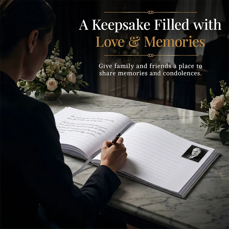 Person writing a message in a personalized funeral guestbook on a memorial table, surrounded by flowers, creating a heartfelt keepsake filled with love and memories.