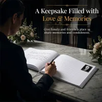Person writing a message in a personalized funeral guestbook on a memorial table, surrounded by flowers, creating a heartfelt keepsake filled with love and memories.