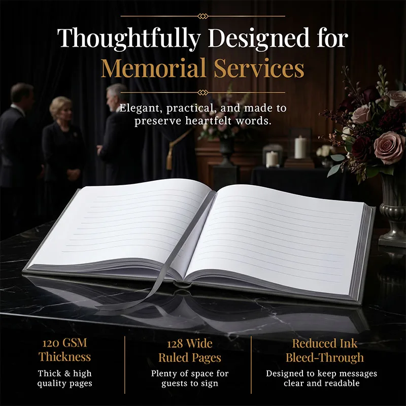 Open personalized funeral guestbook displayed at a memorial service with lined pages for messages, featuring thick high-quality paper and an elegant design for preserving heartfelt tributes.