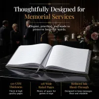 Open personalized funeral guestbook displayed at a memorial service with lined pages for messages, featuring thick high-quality paper and an elegant design for preserving heartfelt tributes.