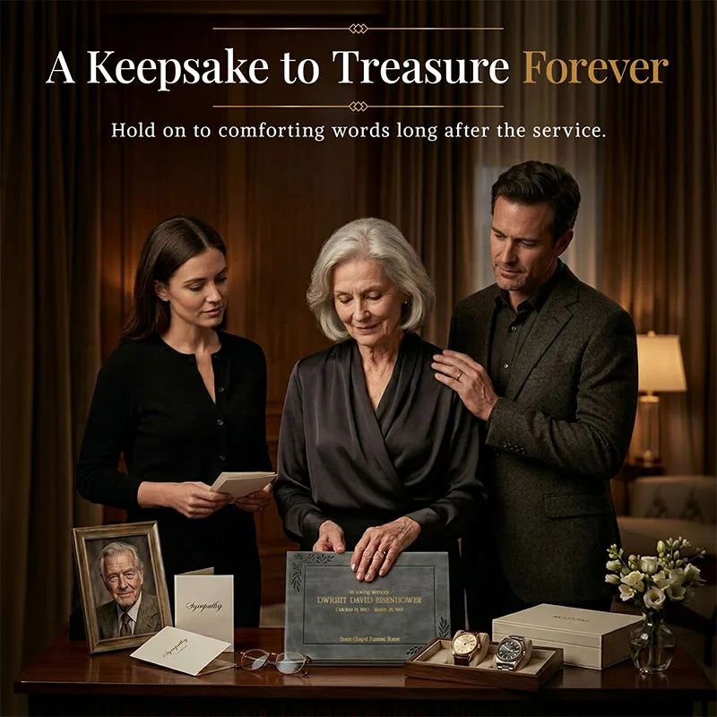 Family gathered around a personalized funeral guestbook, reflecting on memories beside a framed photo and keepsakes, highlighting a meaningful tribute that can be cherished forever.
