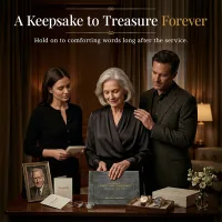 Family gathered around a personalized funeral guestbook, reflecting on memories beside a framed photo and keepsakes, highlighting a meaningful tribute that can be cherished forever.