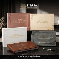 Collection of personalized funeral guestbook designs in multiple colors with gold embossing, displayed together to showcase elegant options for memorial services and lasting tributes.