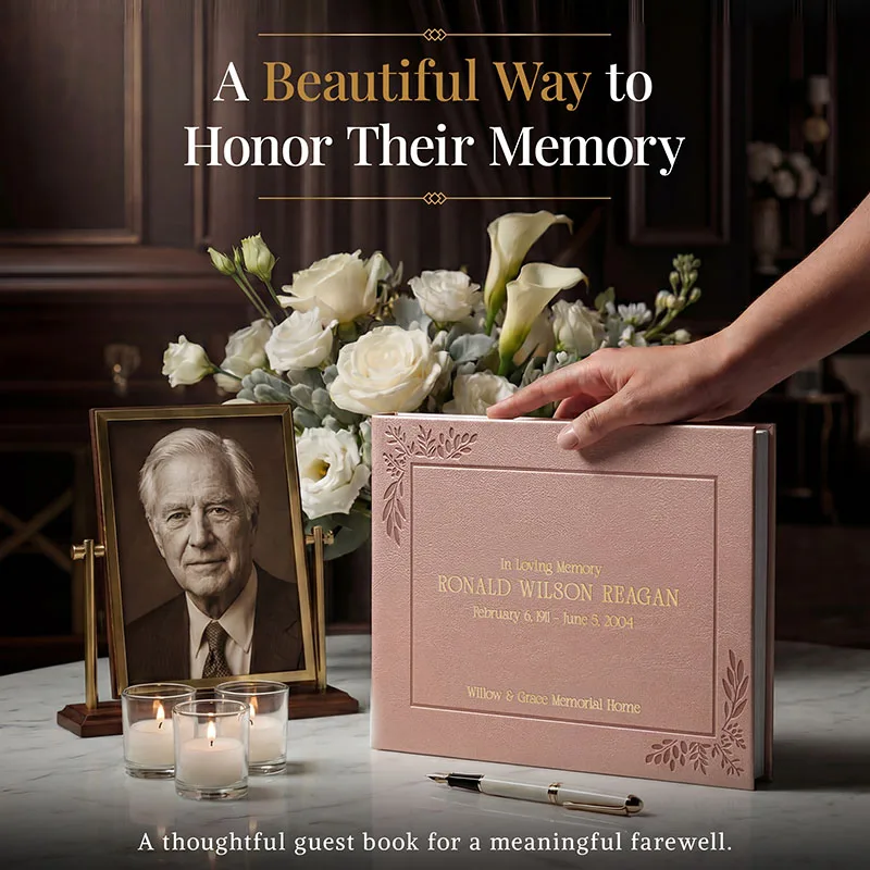 Personalized funeral guestbook in elegant rose gold cover with gold embossing, displayed on a memorial table with candles, flowers, and a framed portrait—perfect for honoring a loved one’s memory.
