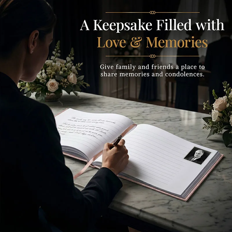 Person writing a message in a personalized funeral guestbook with rose gold accents, placed on a memorial table with flowers, creating a heartfelt keepsake filled with love and memories.