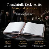 Open personalized funeral guestbook with rose gold cover displayed at a memorial service, featuring lined pages, thick high-quality paper, and an elegant design for preserving heartfelt messages.