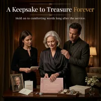 Family gathered around a personalized funeral guestbook in rose gold, sharing memories beside a framed photo and keepsakes, highlighting a meaningful tribute that can be treasured forever.