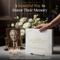 Personalized funeral guestbook in elegant white hardcover with gold embossing, displayed on a memorial table with candles, flowers, and a framed portrait—perfect for honoring a loved one’s memory.