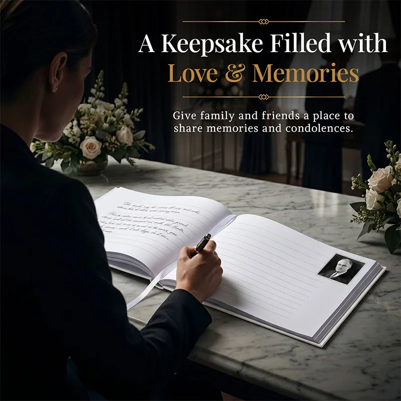 Person writing a message in a personalized funeral guestbook with a white cover, placed on a memorial table with flowers, creating a heartfelt keepsake filled with love and memories.