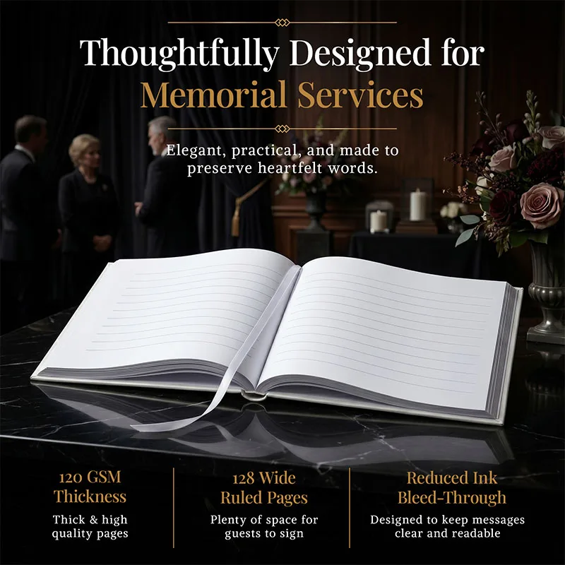 Open personalized funeral guestbook with white hardcover displayed at a memorial service, featuring lined pages, thick high-quality paper, and an elegant design for preserving heartfelt messages.