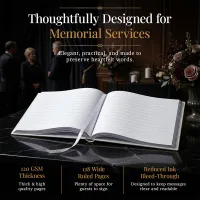 Open personalized funeral guestbook with white hardcover displayed at a memorial service, featuring lined pages, thick high-quality paper, and an elegant design for preserving heartfelt messages.