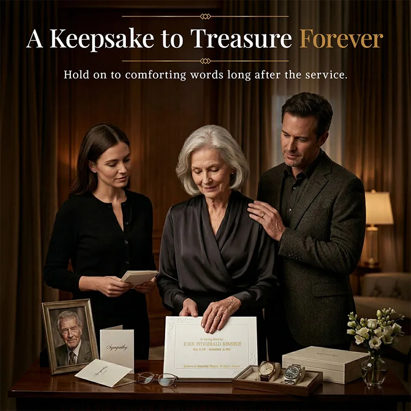 Family gathered around a personalized funeral guestbook in white, sharing memories beside a framed photo and keepsakes, highlighting a meaningful tribute that can be treasured forever.