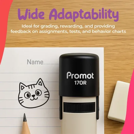 Teacher stamps for grading displayed on a desk beside lined paper featuring a cat face stamp design and a pencil. Text on the graphic says “Wide Adaptability” and “Ideal for grading, rewarding, and providing feedback on assignments, tests, and behavior ch