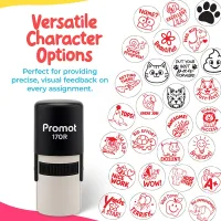 Teacher stamps for grading with multiple cartoon and motivational stamp designs including cats, animals, stars, rockets, and phrases like “Great Progress,” “Excellent,” “Brilliant,” “Nice Work,” and “A+.” Text on the graphic says “Versatile Character Opti
