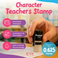 Hand pressing a compact self inking teacher stamp for grading onto a worksheet with a red “DINO-MITE” dinosaur design. Text on the graphic says “Character Teacher’s Stamp,” “Multiple Designs,” “Compact & Portable,” “Self-Inking Technology,” and “Impressio