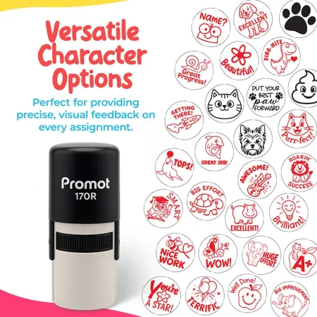 Teacher stamps for grading with multiple cartoon and motivational stamp designs including dinosaurs, cats, rockets, stars, and phrases like “DINO-MITE,” “Great Progress,” “Excellent,” “Brilliant,” and “A+.” Text on the graphic says “Versatile Character Op