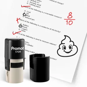Black and beige ink stamp for teachers displayed beside multiple reward stamp designs with animals, motivational phrases, and classroom feedback icons. Text on image says “Versatile Character Options” and “Perfect for providing precise, visual feedback on